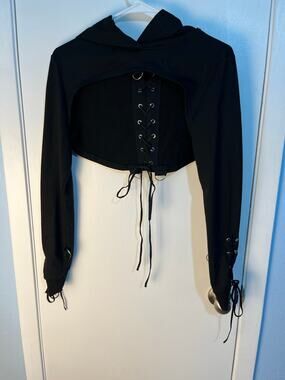 Goth Black Cropped Lace Up Hoodie XS-Small Punk Grunge Whimsigoth Skater Witchy